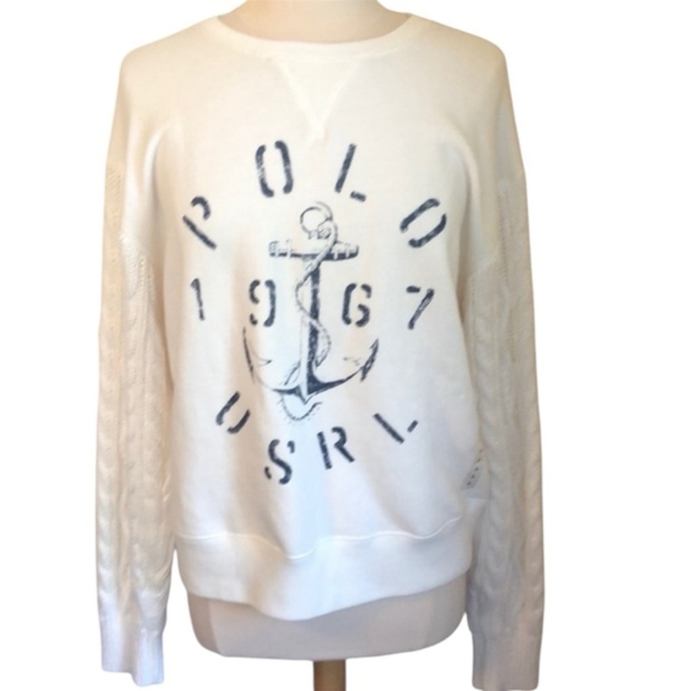 POLO Ralph Lauren White Nautical Fleece Pullover w/Aran knit sleeves Size L
